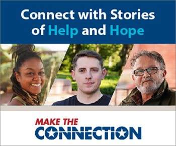 A group of Veterans looking ahead and smiling. Text: Connect With Stories of Help and Hope. 